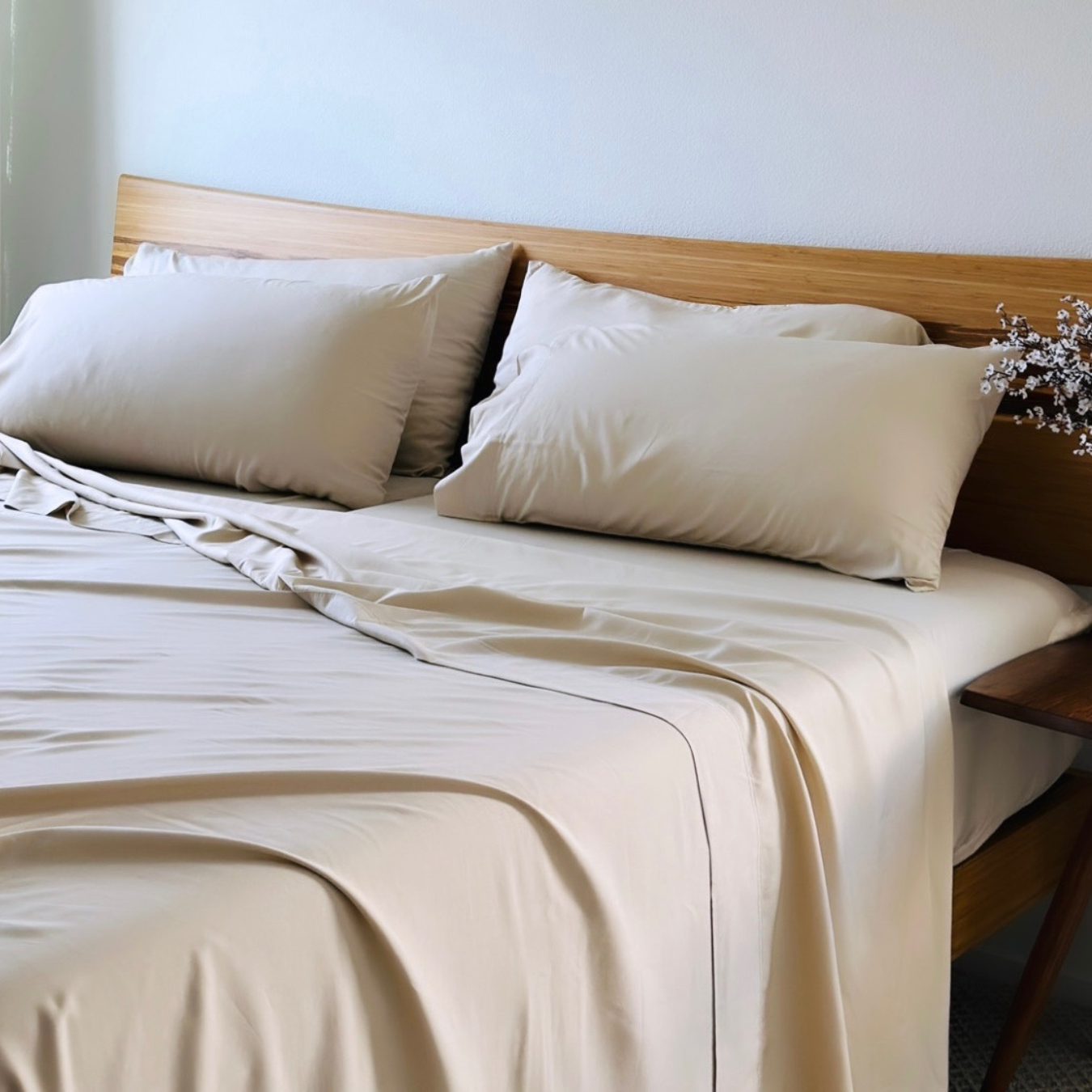 Neutral beige Copper Infused Bamboo Pillowcase Set on a bed with a wooden headboard.